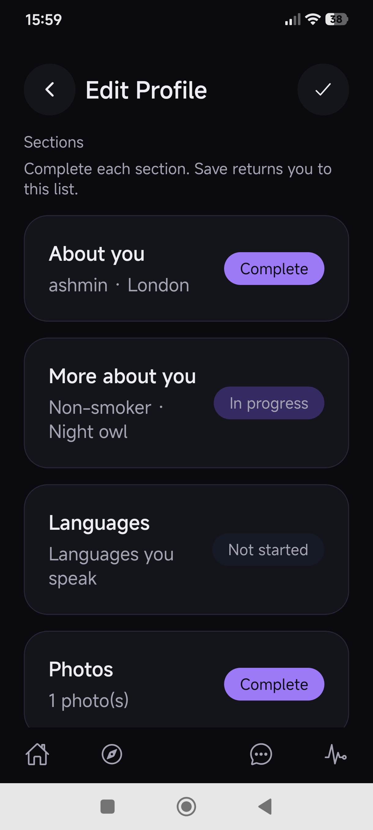 Profile progress preview screen